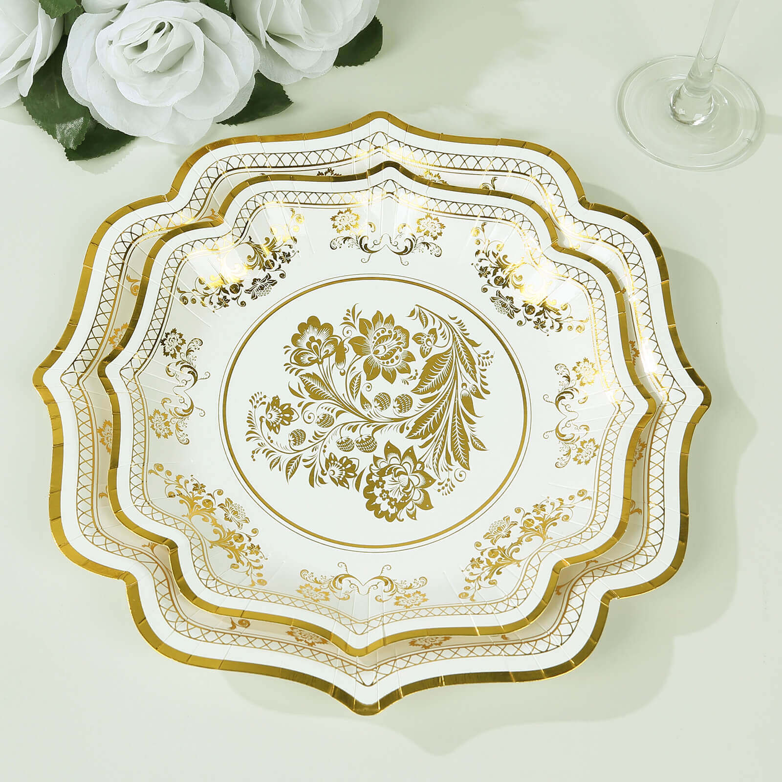 25-Pack Paper Dessert Plates in White with Gold Damask Floral Print & Scallop Rim - Stylish Disposable 300GSM Floral Salad Appetizer Plates for Weddings & Events 8"