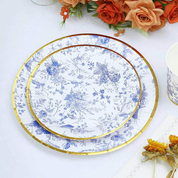 25-Pack Paper 9" Round Dinner Plates in White with Light Blue French Toile Pattern & Gold Rim - Disposable Party Plates for Picnics & Chic Brunches