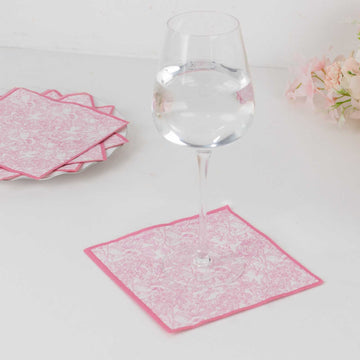 25-Pack Paper Cocktail Napkins with French Toile Print White/Pink - Highly Absorbent 2 Ply Disposable Napkins 5"x5"