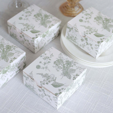 25 Pack White Sage Green Paper Favor Boxes in French Toile Pattern, Cardstock Party Shower Candy Gift Boxes - 4"x4"x2"