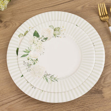 25-Pack Paper 8" Round Dessert Plates in White with Sage Green Floral Print & Lined Rim - Disposable Appetizer Salad Party Plates for Garden Celebrations & Springtime Gatherings