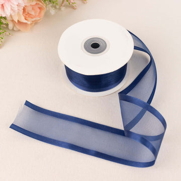 25 Yards 1.5" Navy Blue Sheer Organza Ribbon With Satin Edges