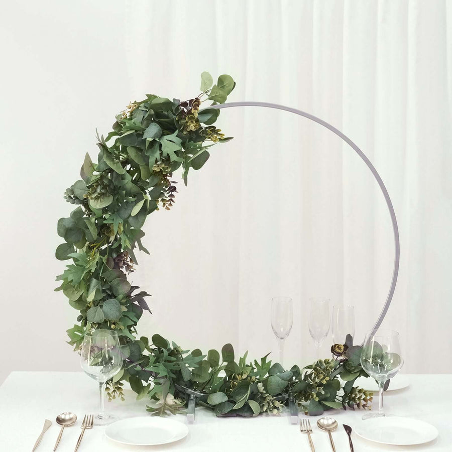 28Inch Silver Metal Round Hoop Wedding Centerpiece, Self Standing Table Floral Wreath Frame