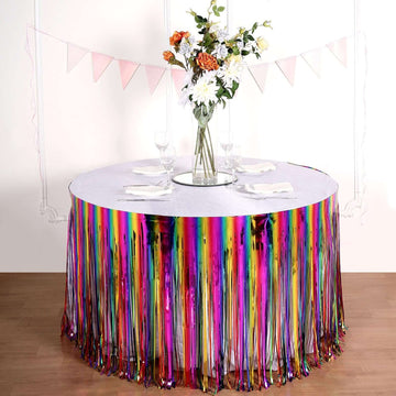 Metallic Foil Fringe Table Skirt Rainbow with Self Adhesive Backing - Durable Tinsel Skirt for Parties 30"x9ft