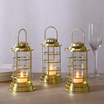 3 Pack Gold Mini Battery Operated Candle Lantern Lamps, LED Tealight Table Decorative Lanterns - 7"