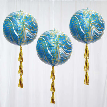 3 Pack 13" 4D Blue Gold Marble Sphere Foil Helium or Air Balloons