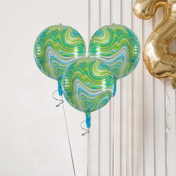 3 Pack 13" Green Gold Marble Orbz Foil Balloons, 4D Sphere Mylar Balloons