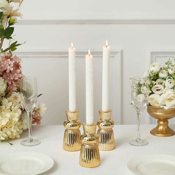 3-Pack Ceramic Taper Candle Holders Fluted Ball Neck Design Metallic Gold - Ribbed Candlestick Stands 5"