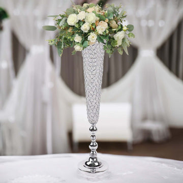 2-Pack Crystal Beaded Trumpet Vase Set Silver - Table Centerpiece for Grand Occasions 40"