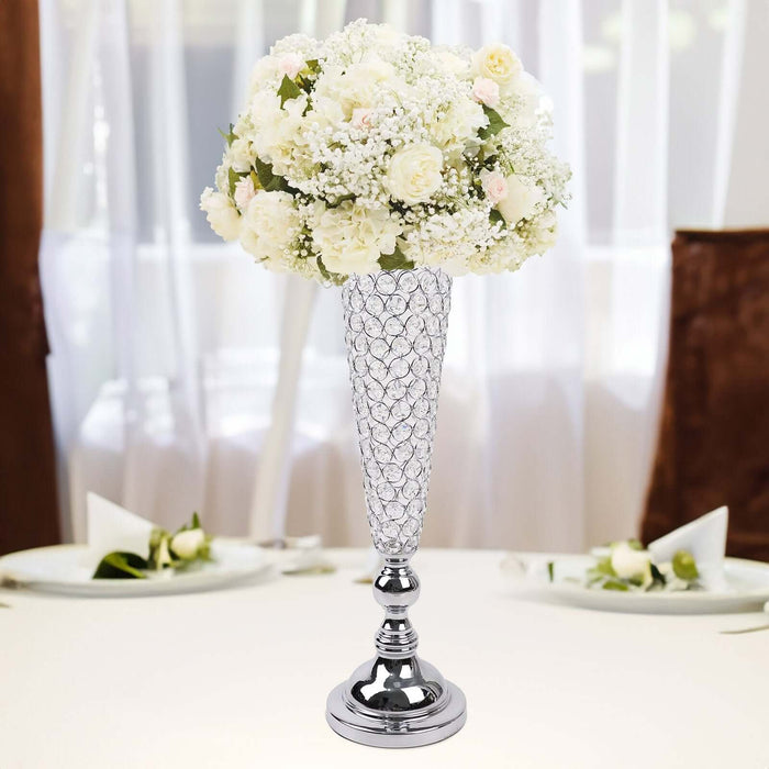 2 Pack | Silver 32inch Tall Crystal Beaded Trumpet Vase Set, Table Centerpiece