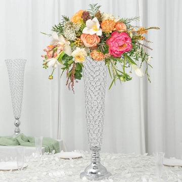 3-Pack Crystal Beaded Trumpet Vase Silver - Exquisite Floral Display Centerpiece Stand Set for Banquets & Receptions 28" Tall