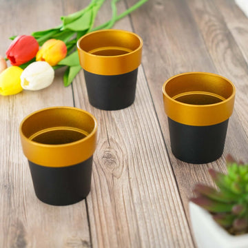 3-Pack Flower Plant Pots Small Design Black with Gold Rim - Plastic Indoor Decorative Planters 3"