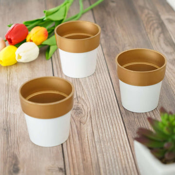 3-Pack Flower Plant Pots Small Design White with Gold Rim - Plastic Indoor Decorative Planters 3"