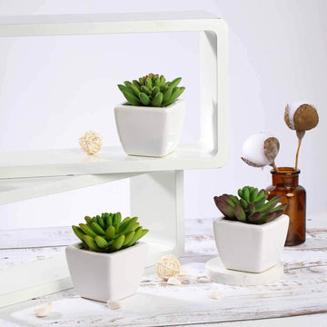 3-Pack Lotus Artificial Succulents in Ceramic Pot - Lifelike Decorative Faux Plants for Home Office & Event Design 4"