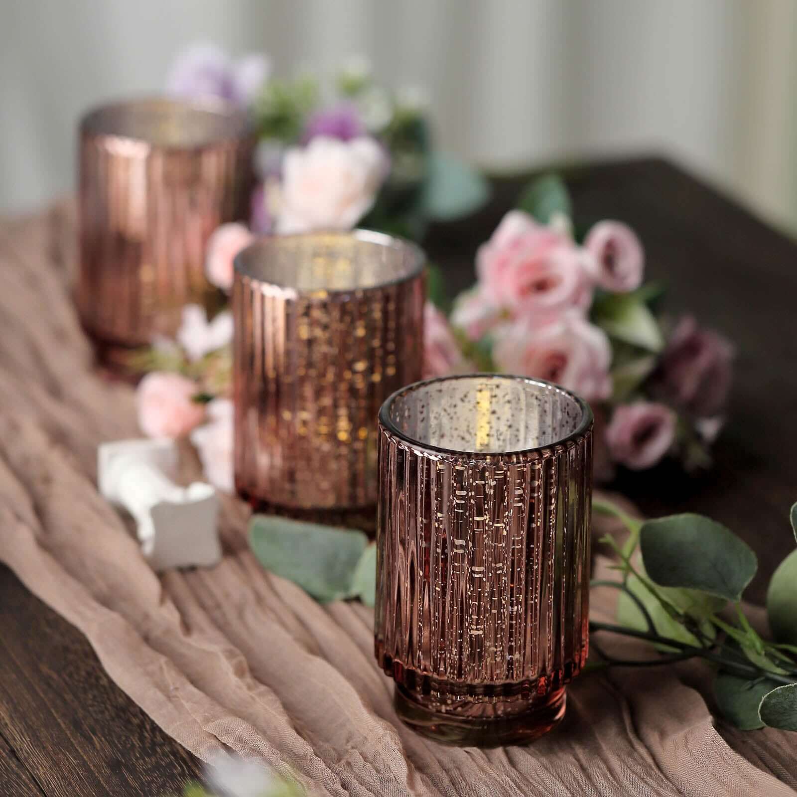 3-Pack Mercury Glass Hurricane Candle Holders Rose Gold Wavy Column Design - Votive Pillar Vase 5"