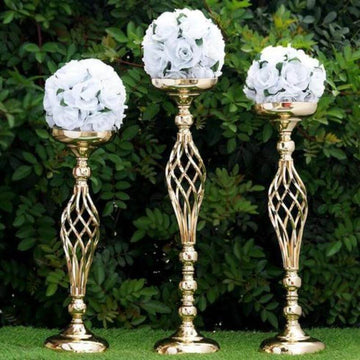 3-Pack Metal Pillar Candle Holders Reversible Flower Ball Pedestal Design Gold - Decorative Event Centerpieces 26"