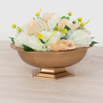 3-Pack Plastic Footed Compote Bowl Flower Vases Roman Style Gold - Round Decorative Pedestal Table Centerpieces 10"