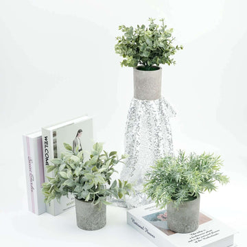 3 Plant Set Mini Potted Artificial Eucalyptus, Rosemary and Boxwood Faux Planter Collection - Small Decorative Faux Herb Garden for Desk Countertops Table Shelf Display 9"