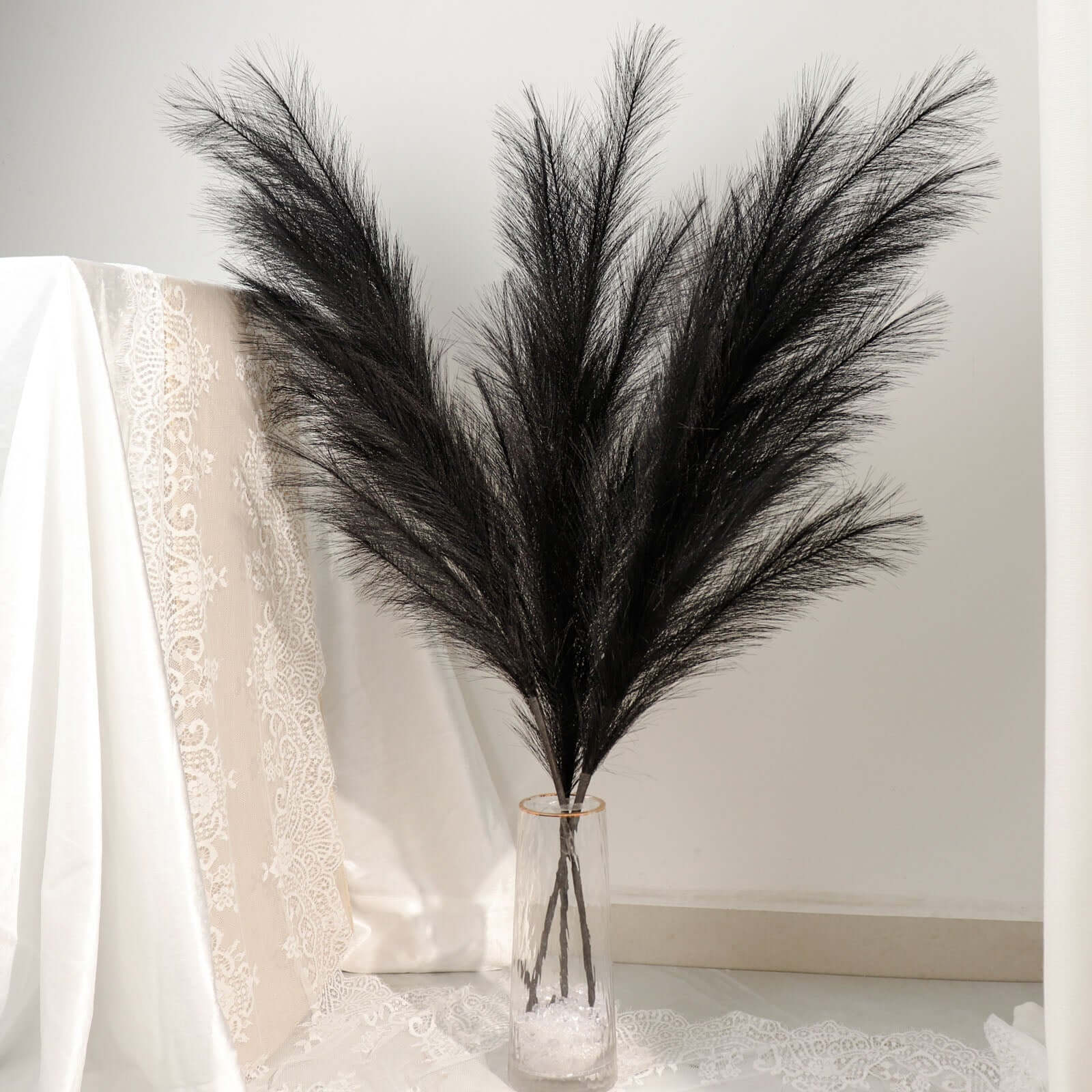 3 Stems Artificial Pampas Grass Decor Black - Soft Realistic Faux Ornamental Grass Branches for Rustic Boho Chic Backdrops Floral Styling & Vase Displays 44"