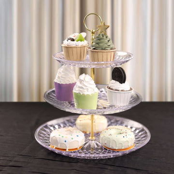 3-Tier Acrylic Cupcake Stand Clear - Sturdy Dessert Serving Tray Platter with Gold Top Handles for Classy Special Occasions & Dessert Buffets 12"