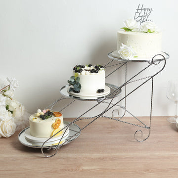 3-Tier Cake Stand Cascading Design with Round Mirror Trays Silver - Dessert Display and Serving Platter Metal 16"x19"