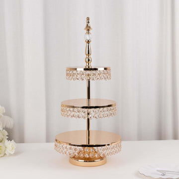 3-Tier Cake Stand Crystal Beaded Gold with Round Mirror Top - Metal Cupcake Tower Dessert Display 26"