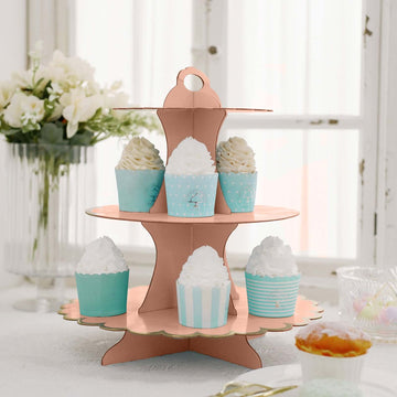 3-Tier Cardboard Cupcake Stand Blush - Sturdy & Collapsible Dessert Treat Tower with Gold Scalloped Rim for Baby Shower Wedding & Party Decor 13"