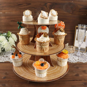 3-Tier Cardboard Cupcake Stand Natural Wood Plank Print - Reusable Dessert Table Display Tower for Classy Birthday Wedding Party Decoration 14"