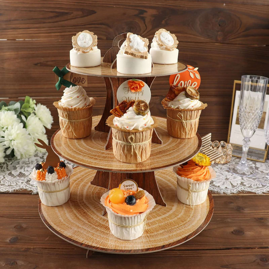 14inch 3-Tier Natural Wood Plank Print Cardboard Cupcake Dessert Stand. Disposable Treat Tower