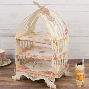 3 Tier Cardboard Cupcake Stand White/Peach Birdcage Style - Charming Reusable Cake Display Holder with Floral Print for Dessert Bars Afternoon Teas & Party Decor 18"