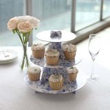 3-Tier White Blue Cardboard Dessert Display Stand with Chinoiserie Floral Print, Tea Party Cupcake