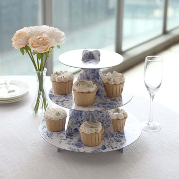 3-Tier Cardboard Cupcake Stand White with Blue French Toile Pattern - Reusable Dessert Display Stand Round Serving Platter for High-Tea Gatherings Weddings & Spring Celebrations 11"