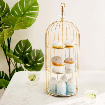 3-Tier Cupcake Cake Stand Bird Cage Design with Crystal Top Mirror Base - Serving Tray with Hanging Option 22"