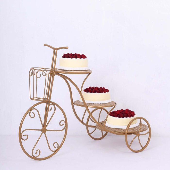 3-Tier Metal Cake Stand 40" Gold Bicycle Shape with Mesh Trays - Exquisite Multi Layered Cupcake Dessert Display Holder for Weddings Garden-Themed Events & Parties