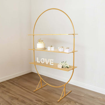 3-Tier Metal Oval Cupcake Dessert Stand Gold - Large Versatile Floor Standing Arch Cake Display Shelf Rack for Luxurious Event and Party Settings 6.5ft