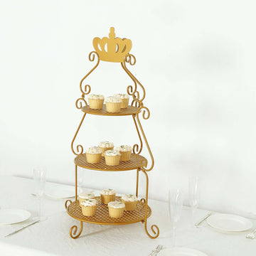 3 Tier Metal Round Cake Stand 32" Gold with Crown Top - Easy To Assemble Cupcake Holder Dessert Display Stand for Sophisticated Tea Parties Buffet Tables & Special Occasions