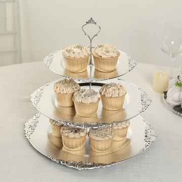 3-Tier Plastic Round Cupcake Stand Metallic Silver - Vintage-Inspired Reusable Dessert Display Holder Tea Party Serving Tray Platter with Baroque Rim & Top Handle 13"