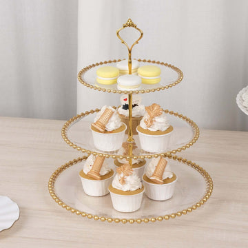 3-Tier Plastic Round Cupcake Tower Stand Clear - Versatile Dessert Display Tea Party Serving Platter with Gold Beaded Rim & Top Handle 14"