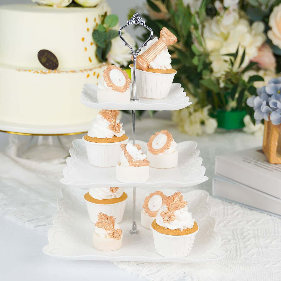 3-Tier 13inch White Lightweight Cupcake Stand Holder with Floral Embossed Scalloped Rim