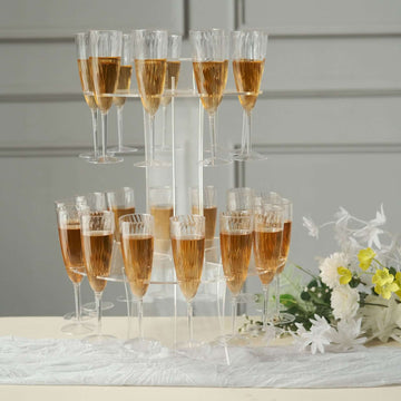 3-Tier Round Champagne Glass Holder Tower Clear Acrylic - Flute Display Rack Cocktail Tree Stand Holds 23 Stemware + 1 Bottle for Professional & Home Use 21"