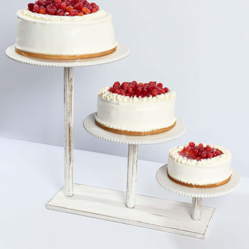 3-Tier Wooden Cake Stand Whitewash with Round Beaded Rim Trays - Rustic Cupcake Tower Dessert Display 24"x16"