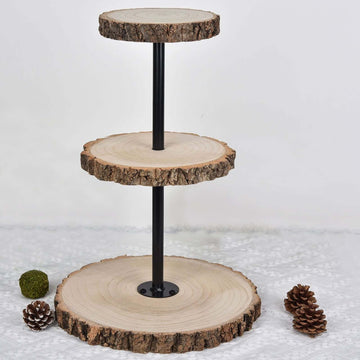 3-Tier Wooden Cheese Board Stand Tower Design Natural Wood Slice - Rustic Cupcake Centerpiece with Assembly Tools 19"