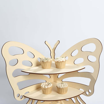 3-Tier Wooden Cupcake Stand Butterfly Design Natural - Rustic Dessert Display Shelf Rack 24"