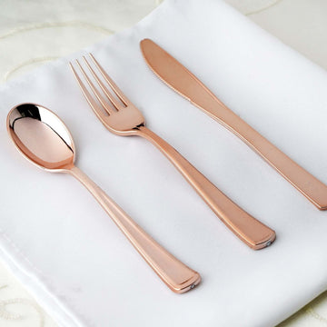 30-Pack Plastic Utensil Set Metallic Rose Gold Classic Heavy Duty - Durable Disposable Silverware Set 7", 8"