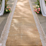 30FT Natural Jute Burlap Aisle Runner with White Floral Lace Borders