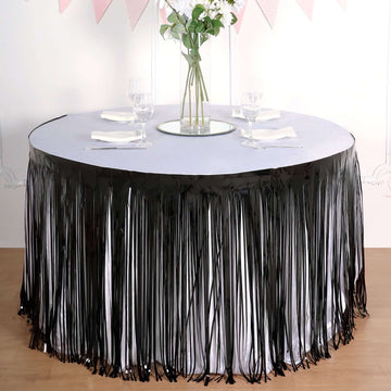 Metallic Foil Fringe Table Skirt Black with Self Adhesive Backing - Durable Tinsel Skirt for Parties 30"x9ft