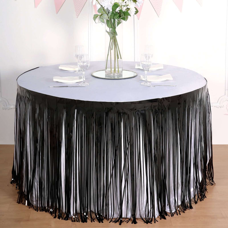 30inch x 9FT Metallic Foil Fringe Table Skirt, Self Adhesive Party Table Skirt - Black