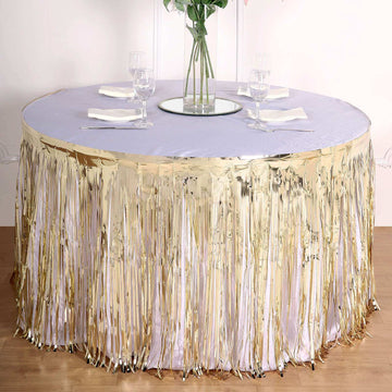 Metallic Foil Fringe Table Skirt Champagne with Self Adhesive Backing - Durable Tinsel Skirt for Parties 30"x9ft