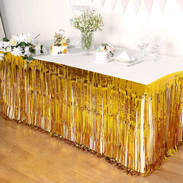 Metallic Foil Fringe Table Skirt Gold with Self Adhesive Backing - Durable Tinsel Skirt for Parties 30"x9ft