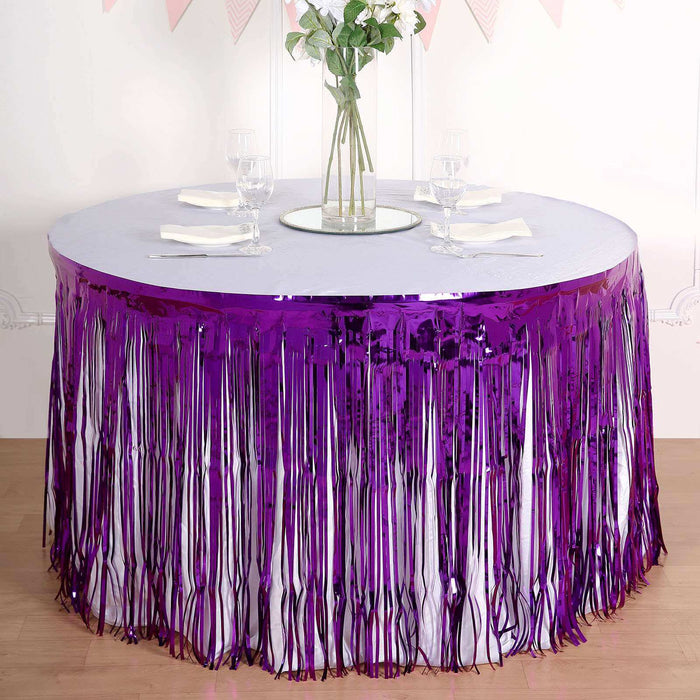 30inch x 9ft Purple Metallic Foil Fringe Table Skirt, Tinsel Table Skirt